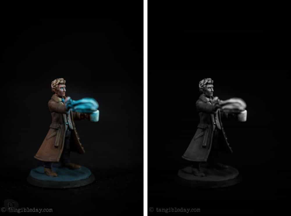 3 ways to use dry brushing on miniatures - two panel image showing color and black and white painted miniature with glowing fireball effect