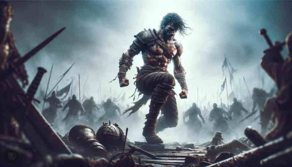 A brooding Barbarian strides confidently through a battlefield, underscoring their courage and resilience in the face of overwhelming odds