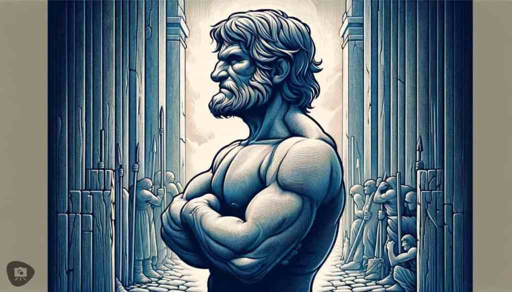 A Barbarian with arms crossed, standing firmly within an ancient hallway, signifies their pride and stubbornness rooted in cultural heritage