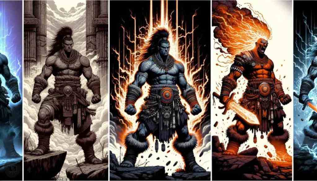 A sequence of Barbarians in various states of battle readiness and mystical empowerment, highlighting the diverse abilities and attitudes within the class