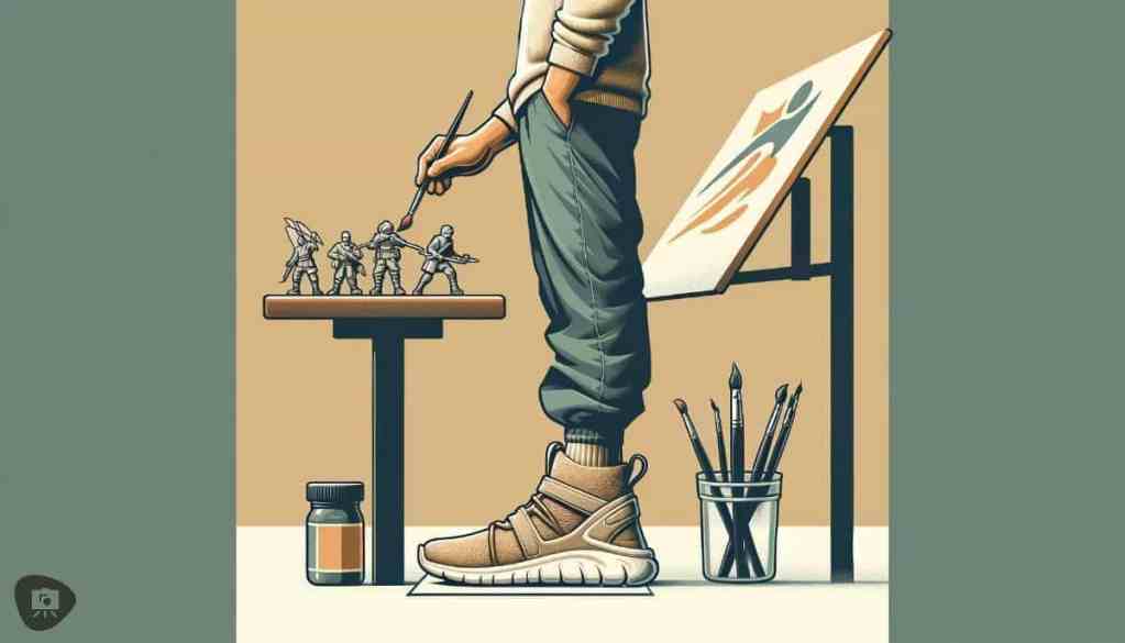 A miniature painter working at a standing desk, focusing on painting figures with precision, wearing ergonomic sneakers for comfort