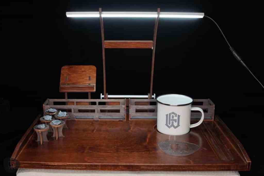 Frontier Wargaming The Hobby Deck Review - portable hobby workstation - Fully assembled front view with LED light bar alight