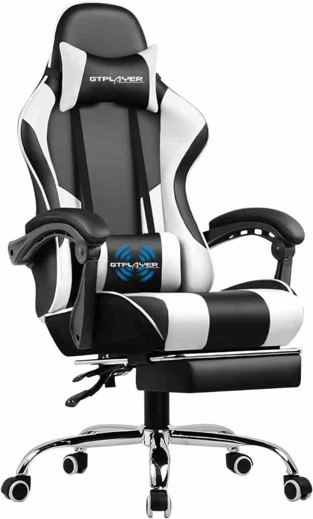Image of a modern, ergonomic gaming chair in black and white, highlighting the comfort and style it offers for extended painting sessions