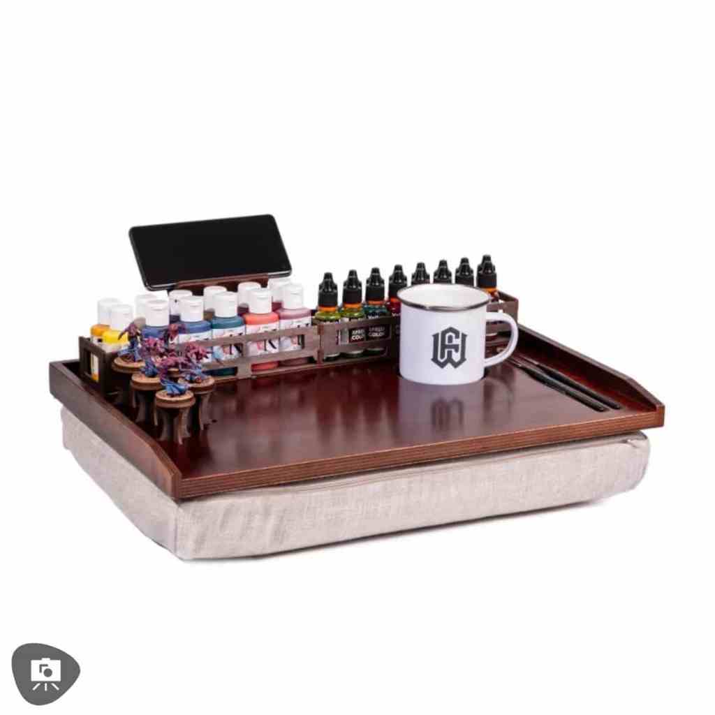 Frontier Wargaming The Hobby Deck Review - portable hobby workstation - The Hobby Deck front view with mug paint and smartphone