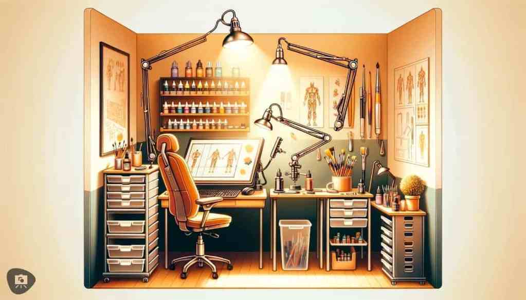 A well-organized and ergonomically designed miniature painting workstation with an array of tools, illustrating a comfortable creative space.