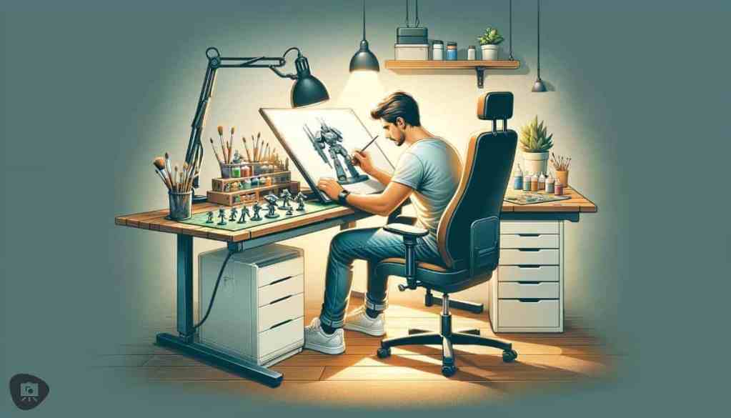 A hobbyist engaged in a relaxed evening painting session, comfortably seated in an ergonomic chair, using a magnifier for detailed work on a miniature