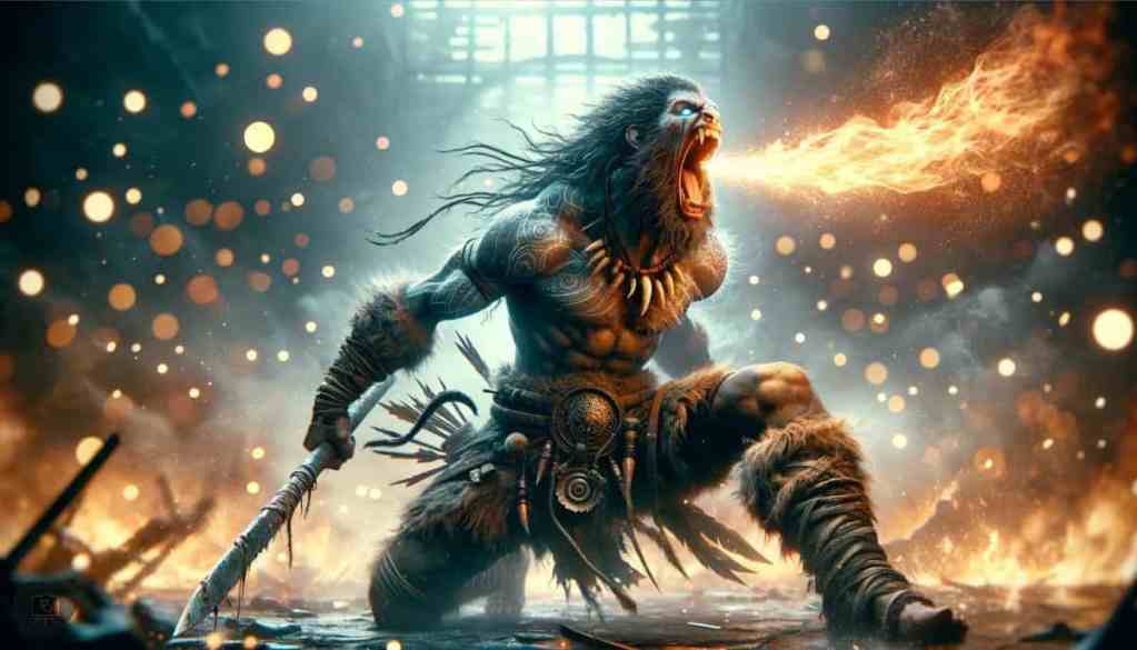 A Barbarian unleashing a powerful roar and breath weapon in combat, depicting their raw power and ancestral magic