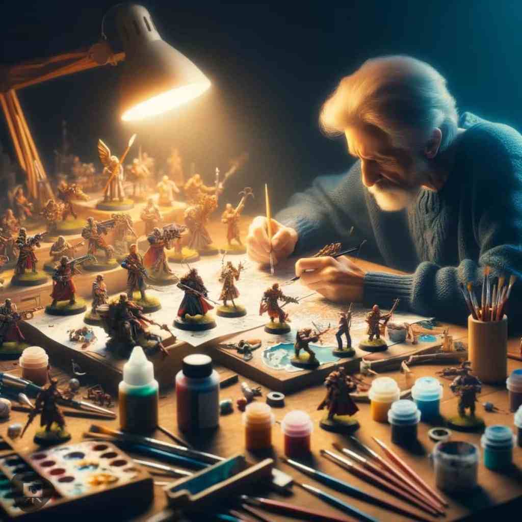 An elderly artist painting miniatures under a lamp, illustrating the detailed work involved in the hobby