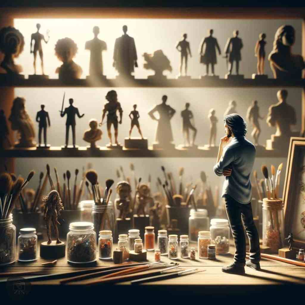 An artist in deep thought looking at a shelf of miniature figures, symbolizing learning from past painting projects