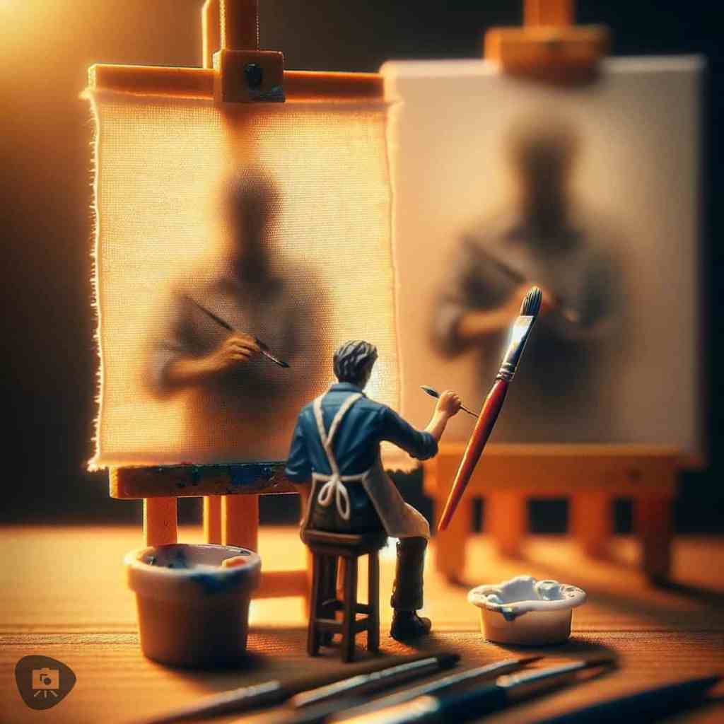 Painter focusing on a miniature canvas with a blurred image, signifying concentration on the present rather than the uncertain future