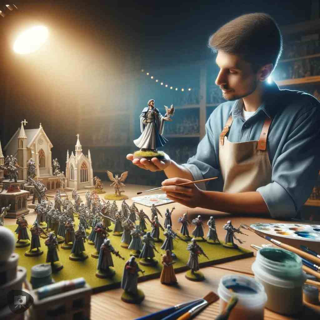 An artist holding a finished miniature model, displaying a sense of accomplishment and readiness for the next project