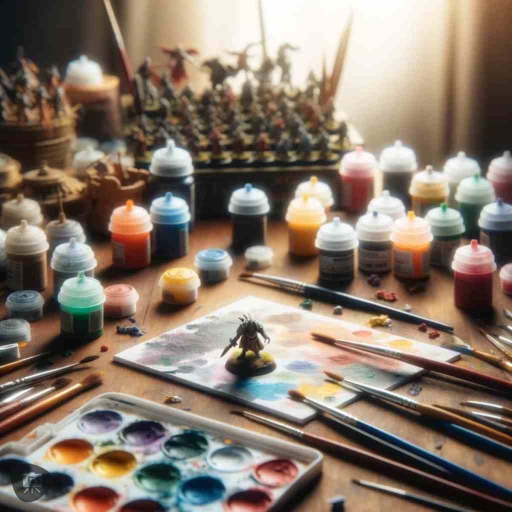 A well-equipped workbench set up for starting a miniature painting project, with an unpainted figurine, paints, and brushes