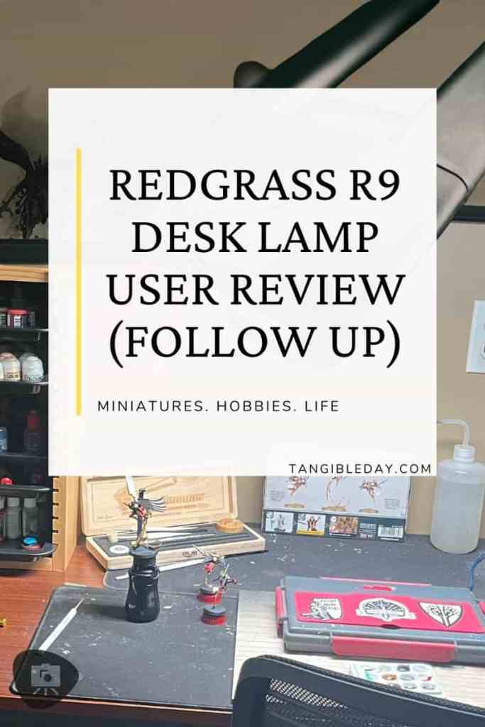 Vertical image featuring a workstation with the Redgrass R9 desk lamp, painting supplies, and text overlay for a blog review