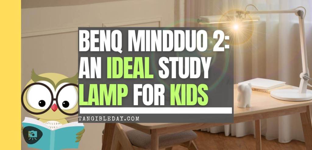 Banner for TangibleDay.com showcasing the BenQ MindDuo 2 as an ideal study lamp for kids, with an owl reading a book under the lamp's glow