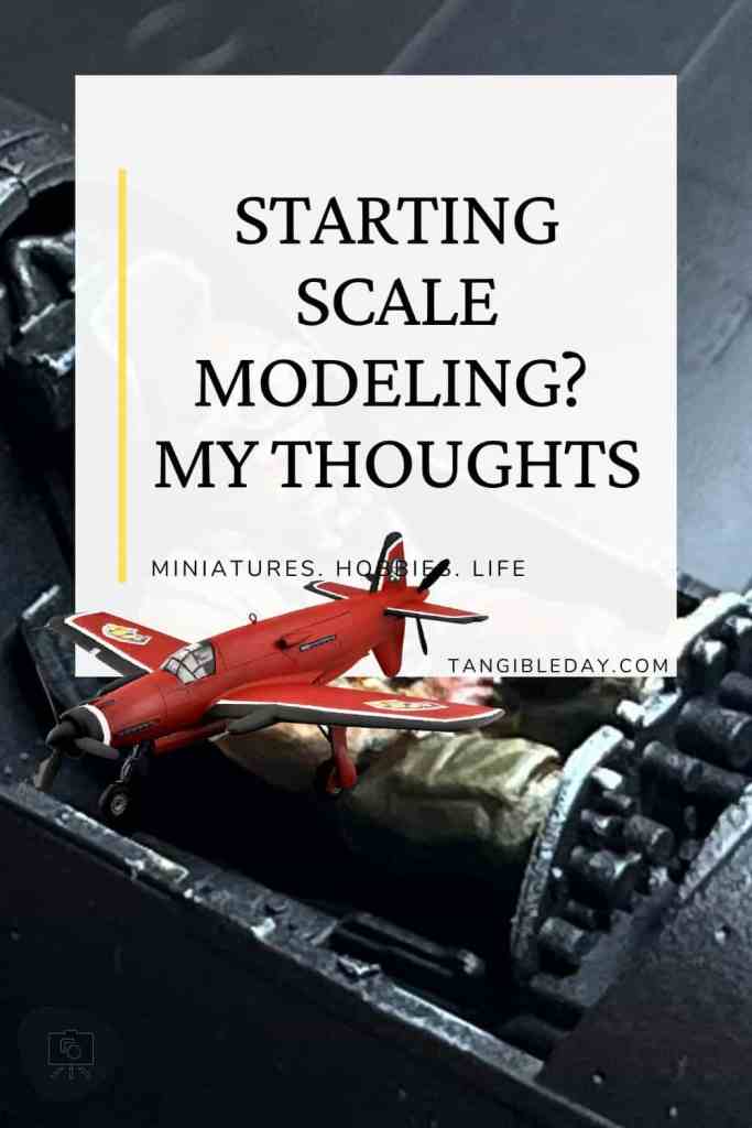 Close-up of a red scale model airplane cockpit with pilot figure, titled 'Starting Scale Modeling? My Thoughts' on TangibleDay.com