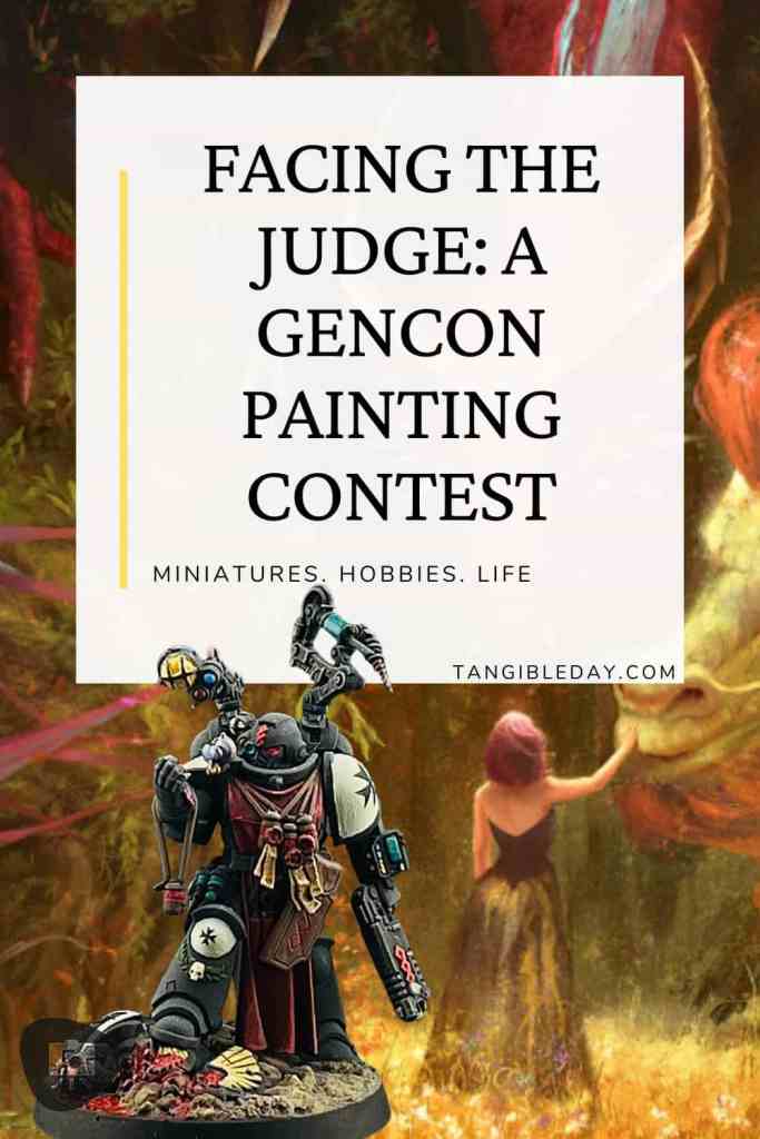Facing the Judge: A GenCon Painting Contest promotional image featuring a sci-fi soldier miniature and a fantasy scene