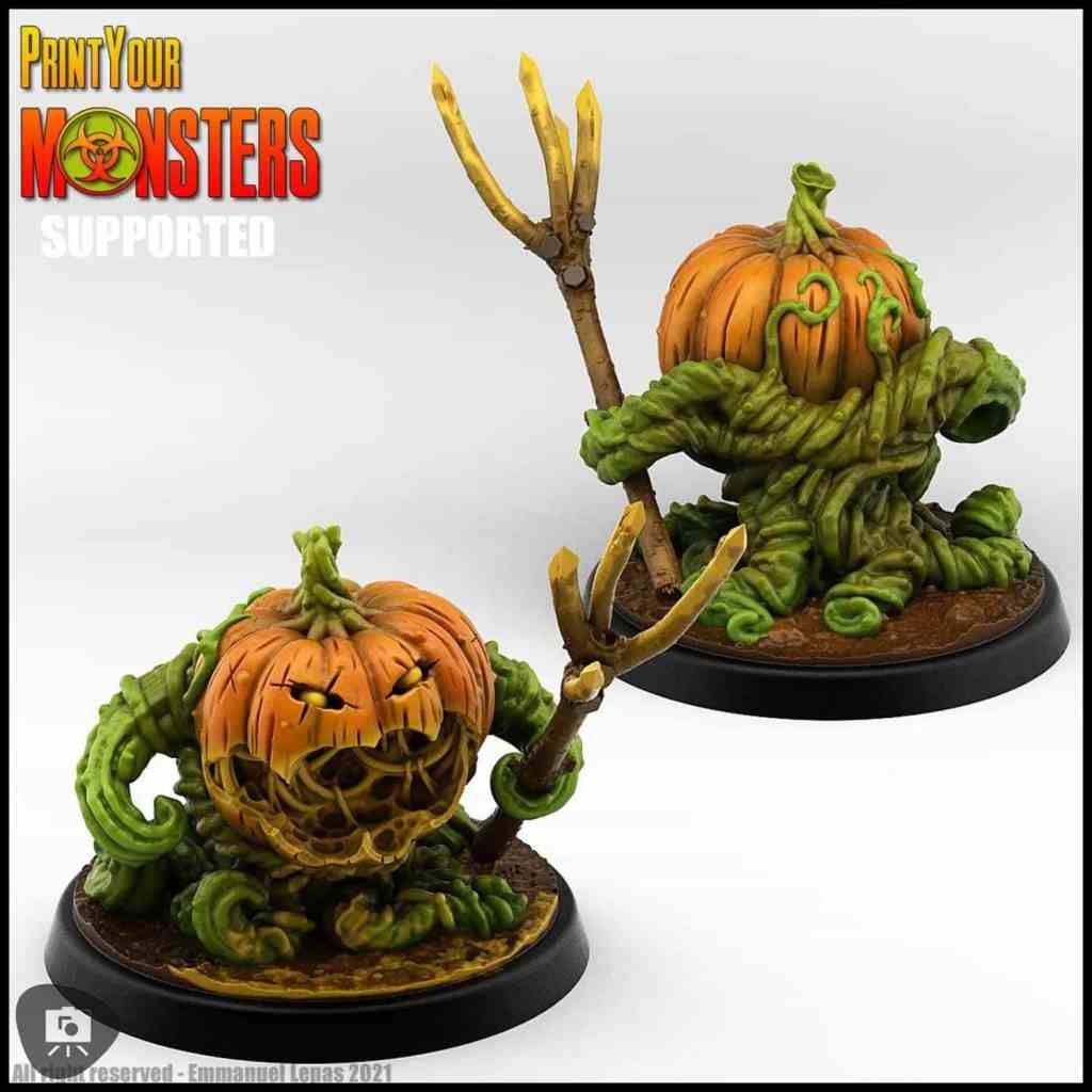 Pumpkin-headed miniatures holding a pitchfork, surrounded by vines