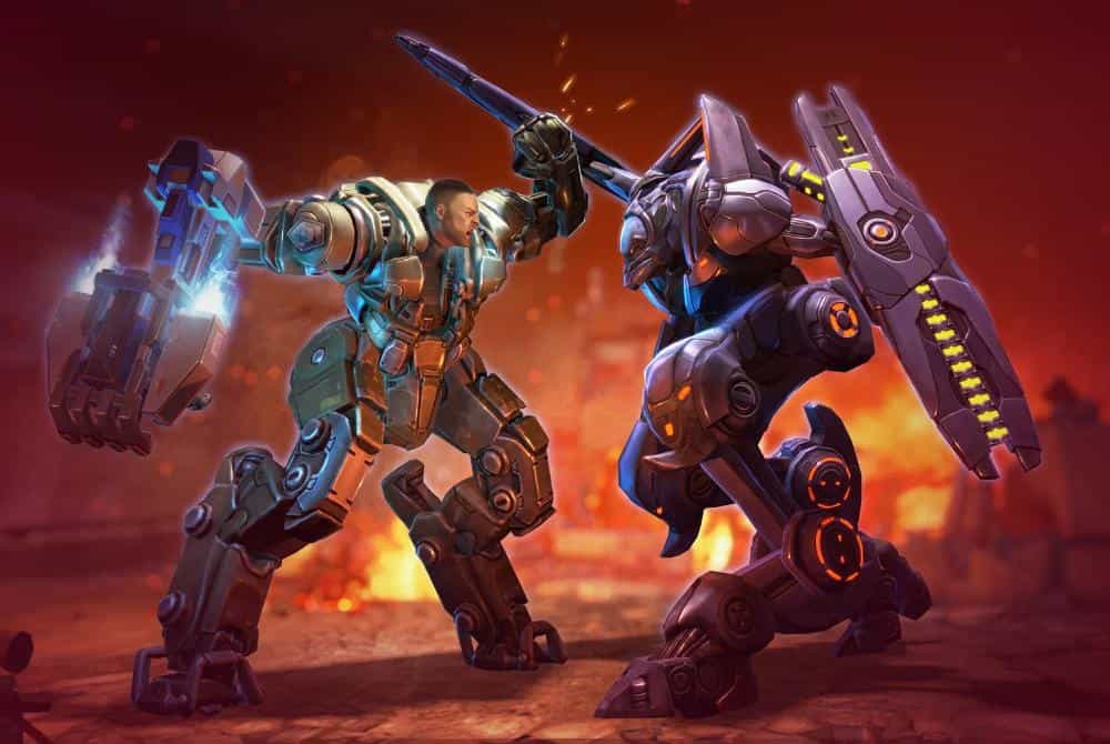 Action scene showing two mechs battling in a fiery backdrop inspired by XCOM.