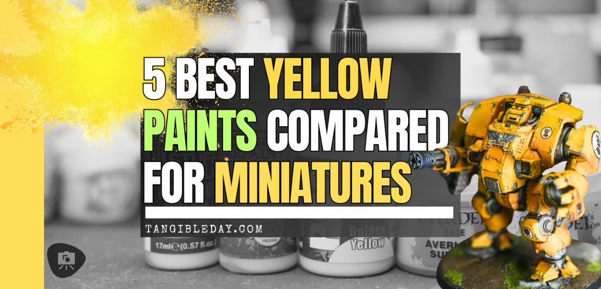 Horizontal banner with the text "5 Best Yellow Paints Compared for Miniatures," featuring a vibrant yellow theme and miniature painting supplies.