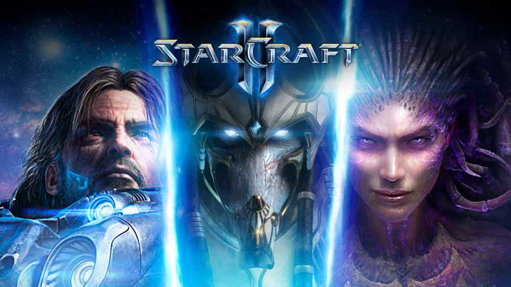 StarCraft promotional image featuring key characters, including Jim Raynor, Protoss units, and Kerrigan.
