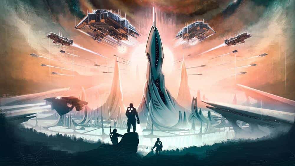 Futuristic scene from Stellaris, showing advanced ships, towering structures, and explorers gazing at a glowing cityscape.