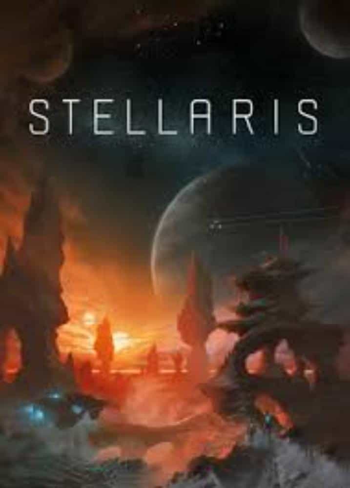 Promotional art for Stellaris featuring a sunset-lit alien planet with dramatic skies and towering alien structures.