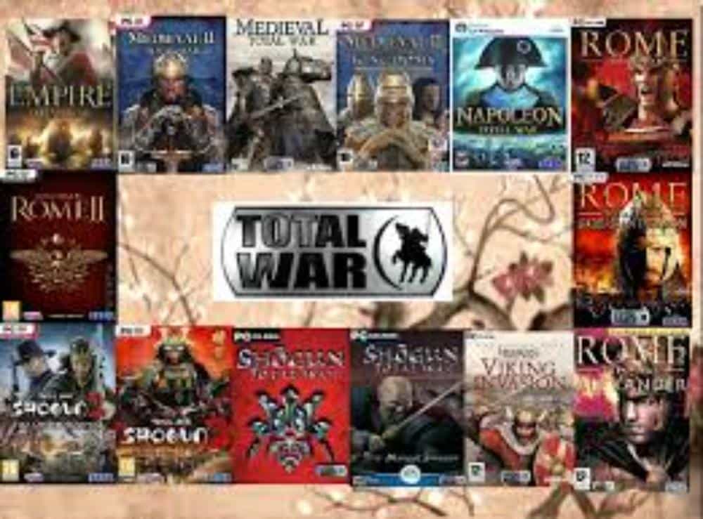 Collage of Total War game covers, highlighting historical strategy games such as Rome, Shogun, and Napoleon.