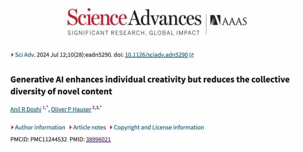 Science Advances journal article titled 'Generative AI enhances individual creativity but reduces the collective diversity of novel content,' authored by Anil R. Doshi and Oliver P. Hauser, discussing AI's impact on creativity.