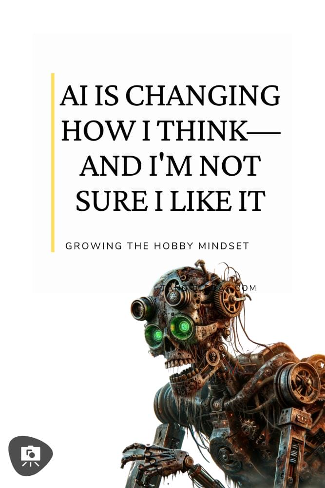 A decayed cybernetic AI with glowing green eyes, symbolizing the transformation of thought processes. 