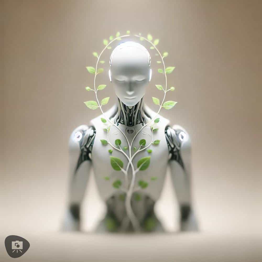 Futuristic AI humanoid with integrated organic elements, centered in a minimalistic composition