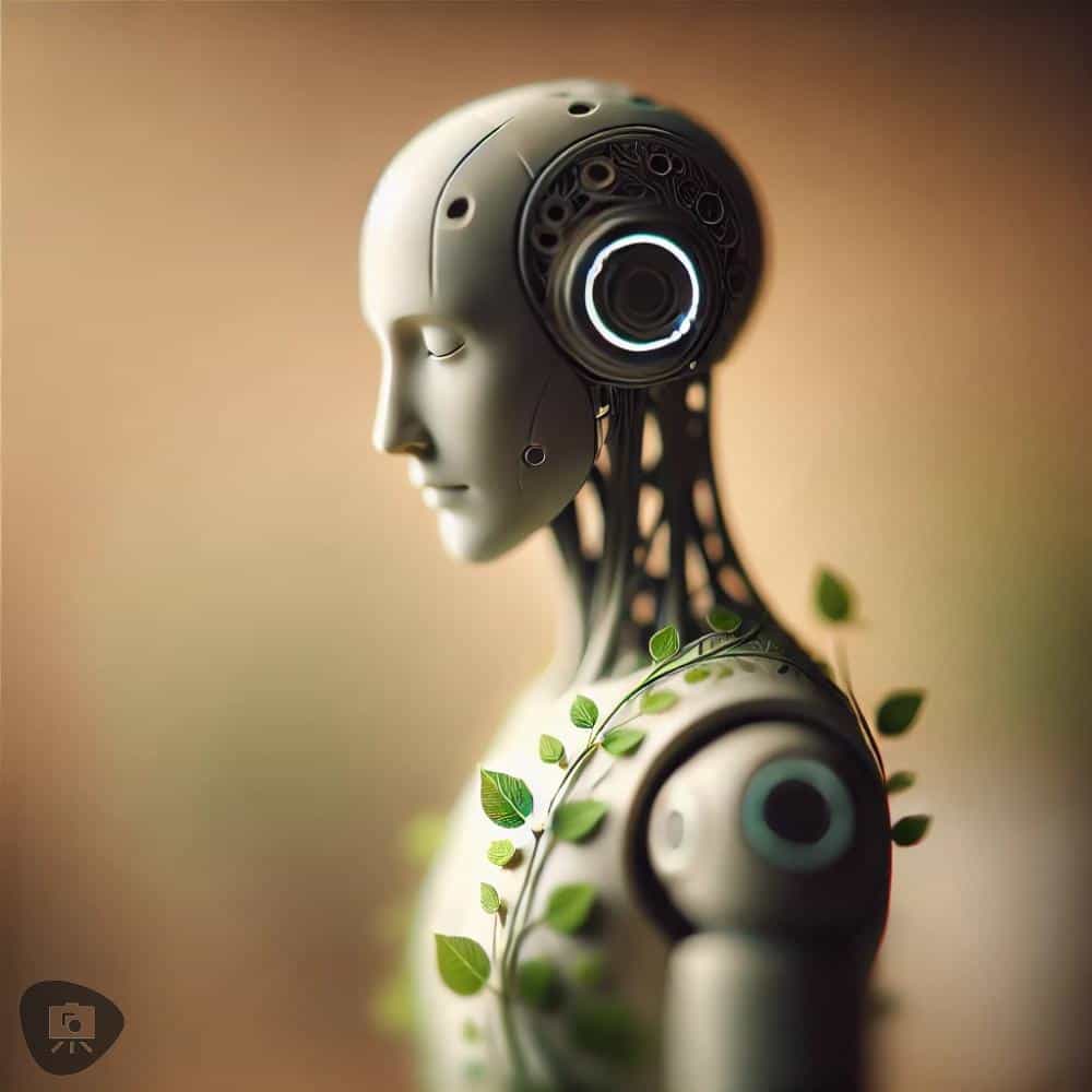 Minimalistic humanoid AI with organic elements, softly blurred focus, and a serene expression