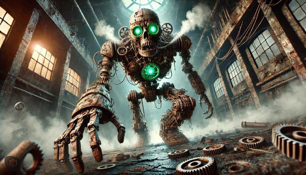 A menacing AI zombie with glowing green eyes, crawling forward in a dystopian industrial setting