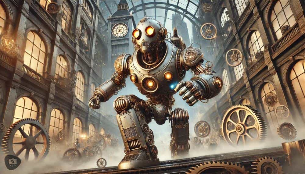 A powerful steampunk robot with glowing orange eyes, surrounded by gears in a grand mechanical hall.