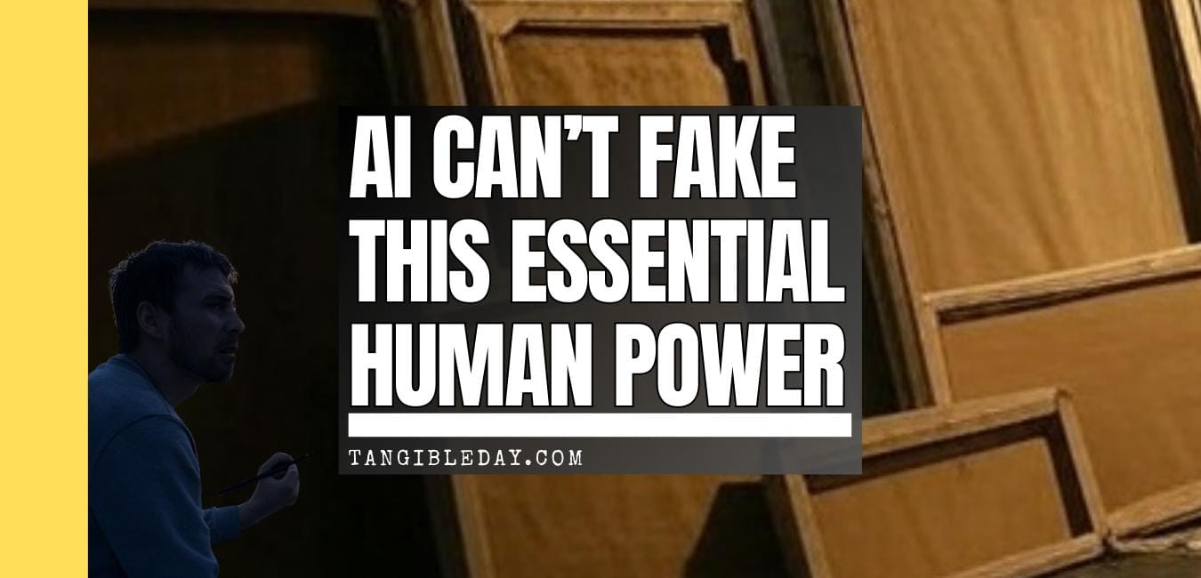 Text overlay on stacked empty canvases: 'AI Can’t Fake This Essential Human Power' with a person looking toward the frames.