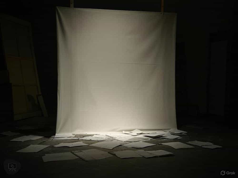 A blank canvas hanging in a dark room, illuminated by a single spotlight, with scattered papers on the floor.