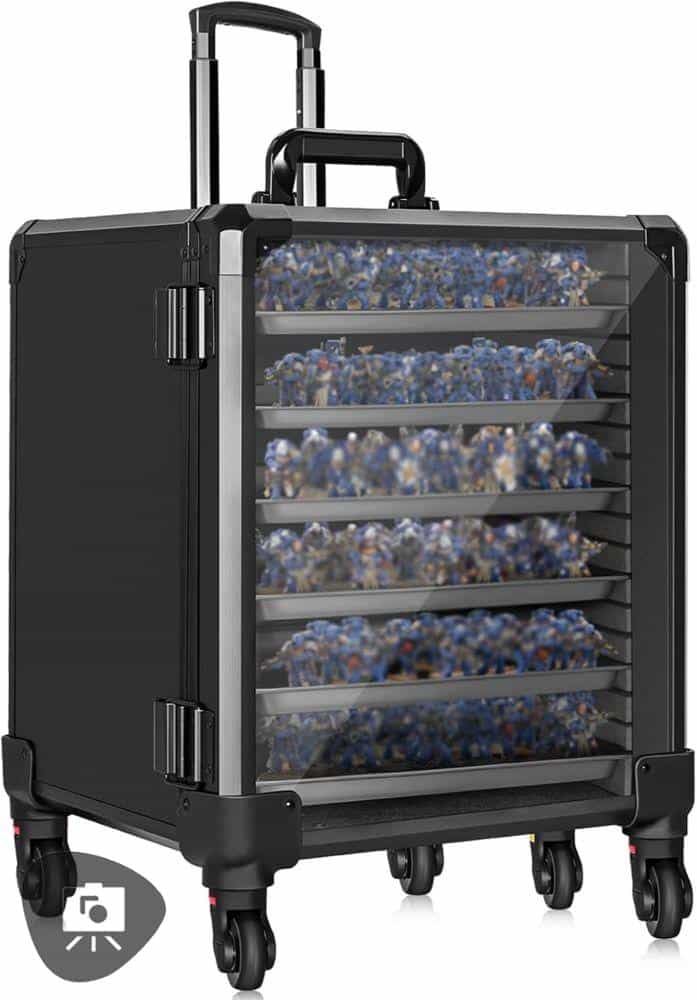Black rolling magnetic miniatures case with clear acrylic front and multiple trays filled with painted miniatures