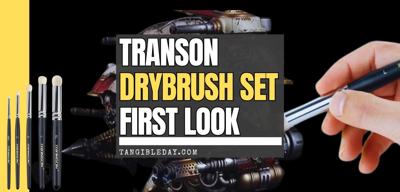 Transon miniature and model drybrush lineup—five domed drybrush sizes with matching detail brushes