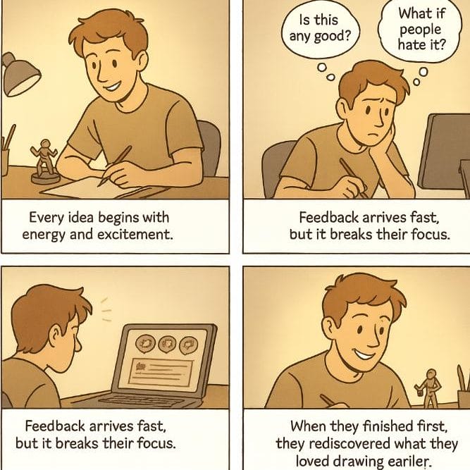 Four-panel comic of an artist learning to finish their project before seeking feedback