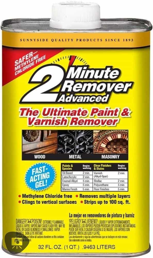 Can of 2-Minute Remover gel used for stripping paint and varnish from wood, metal, and masonry; hazardous for plastic miniatures