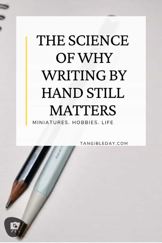 Graphic with the text “The science of why writing by hand still matters” over a notebook and pen background.