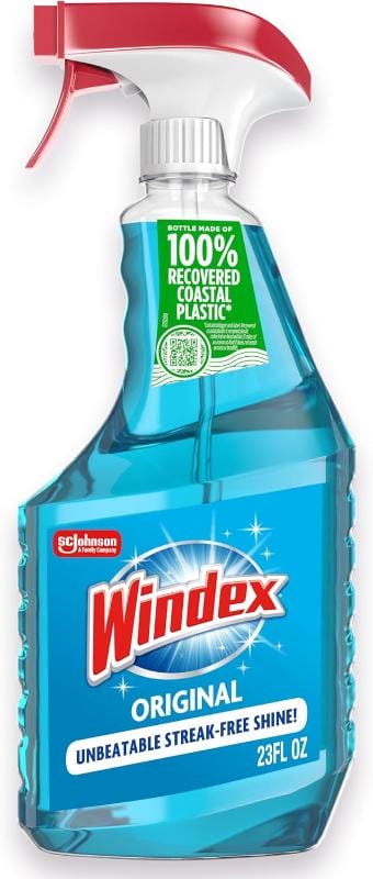Bottle of Windex glass cleaner used for cleaning OptiVISOR lenses